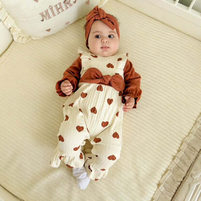 3PCS Pretty Heart Printed Long Sleeve Baby Girl Jumpsuit