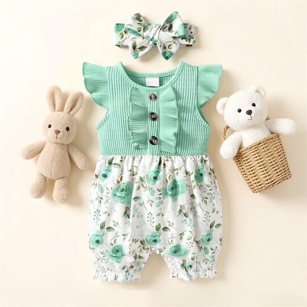 2PCS Adorable Floral Printed Fly Sleeve Baby Jumpsuit