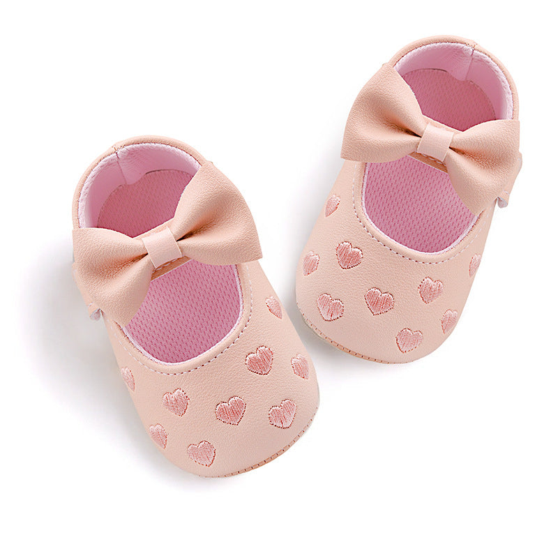 Embroidered Heart Bow Soft Sole Baby Prewalker Shoes