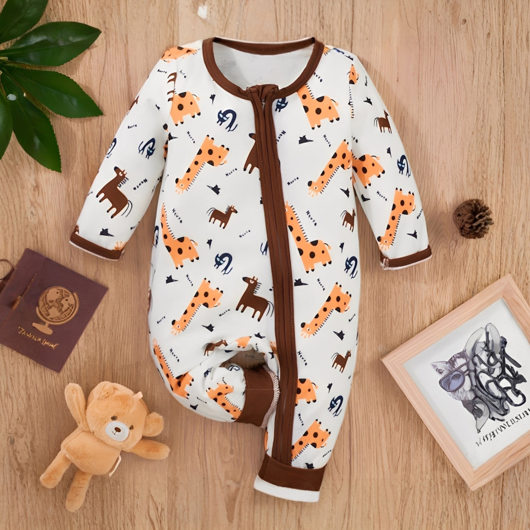 Giraffe Printed Long Sleeve Zipper Baby Jumpsuit