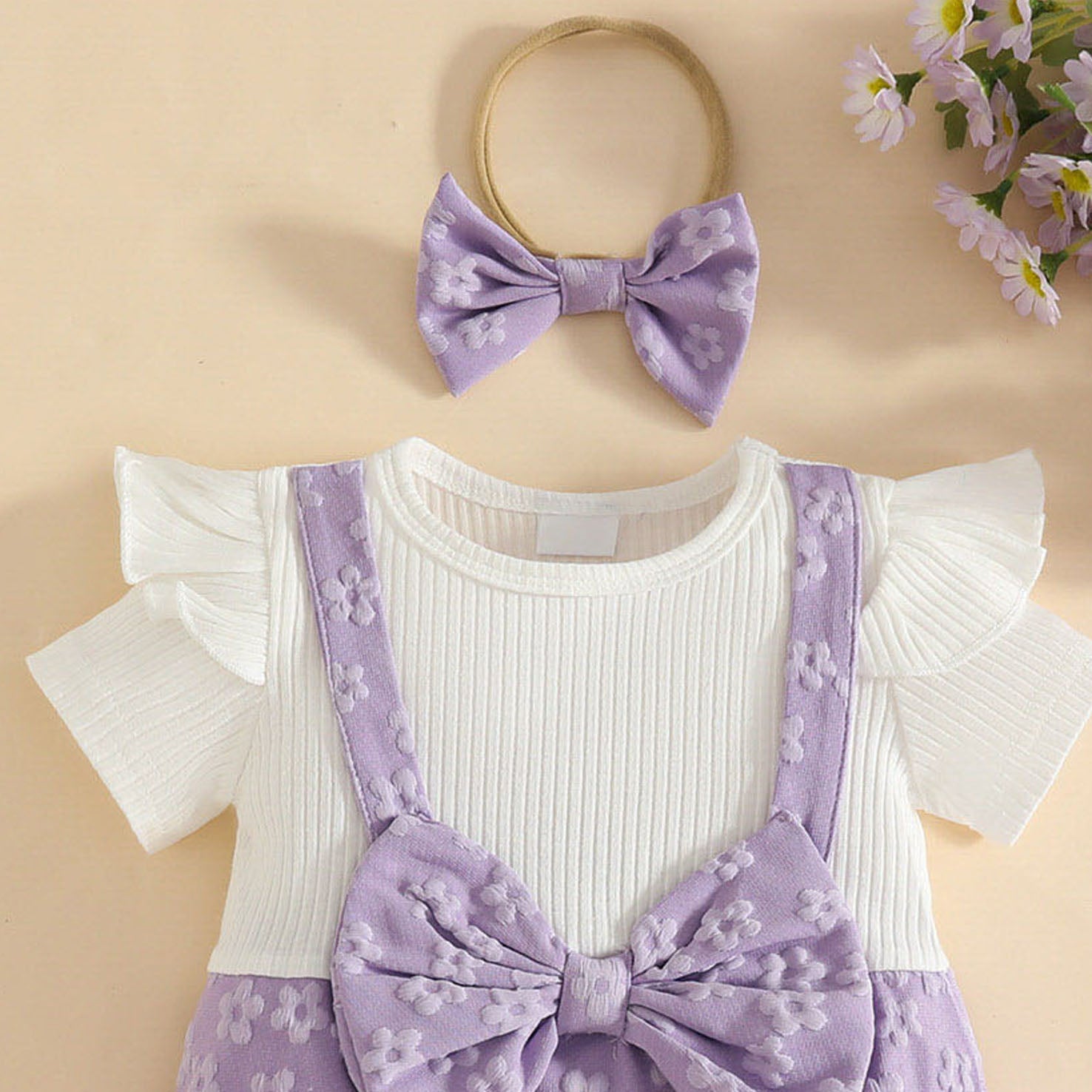 2PCS Pretty 3D Floral Embossing Short Sleeve Baby Jumpsuit