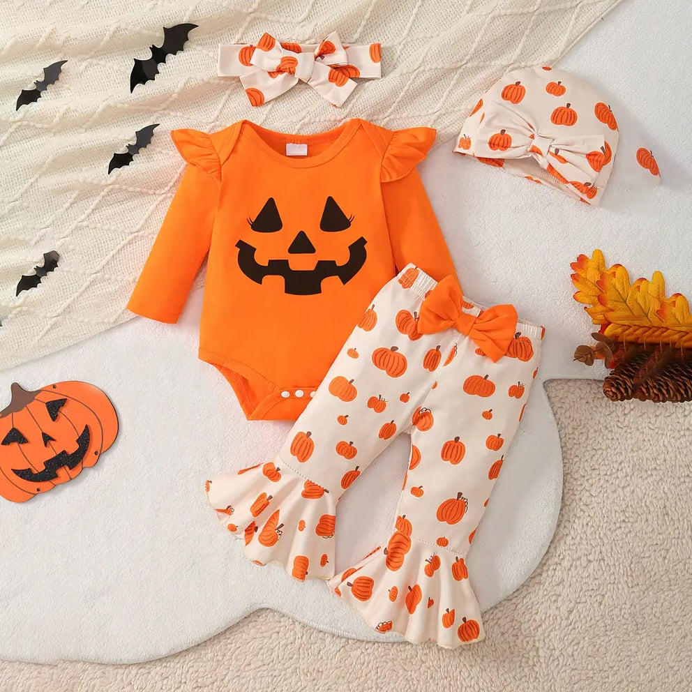 4PCS Adorable Pumpkin Printed Halloween Baby Set