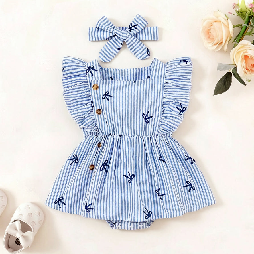 2PCS Sweet Bow Stripe Printed Flutter Sleeve Baby Girl Romper