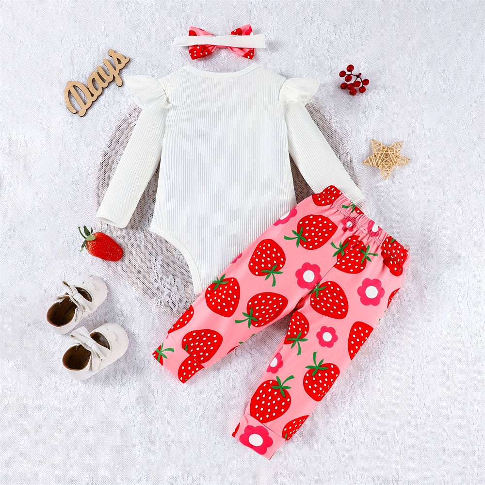 3PCS Sweet Strawberry Floral Print Long Sleeve Baby Set