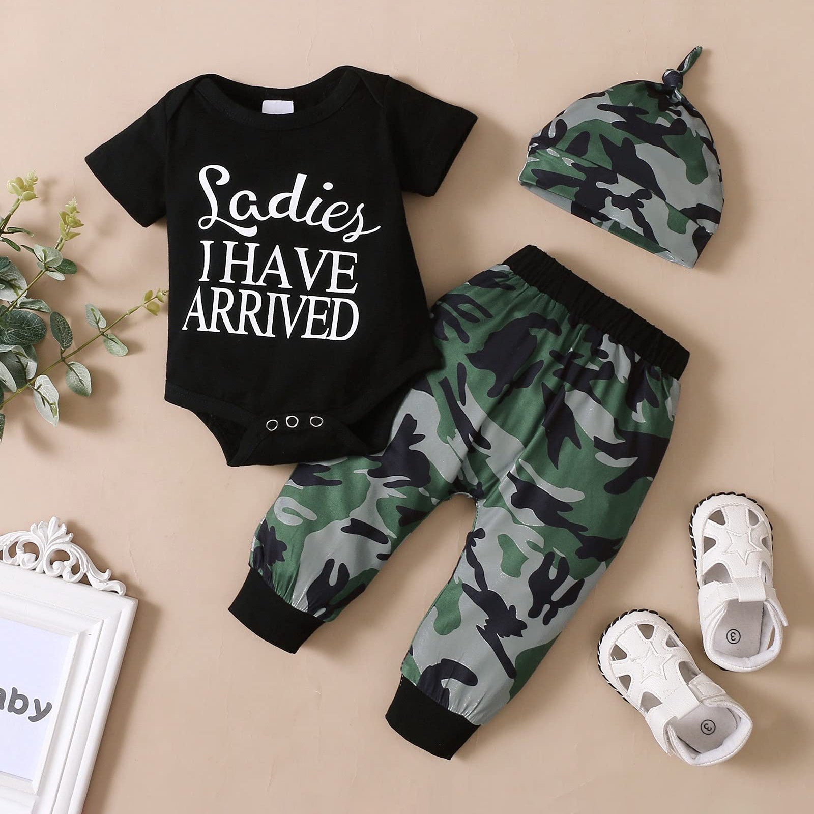 3PCS Ladies I Have Arrived Letter Printed Long Sleeve Baby Set