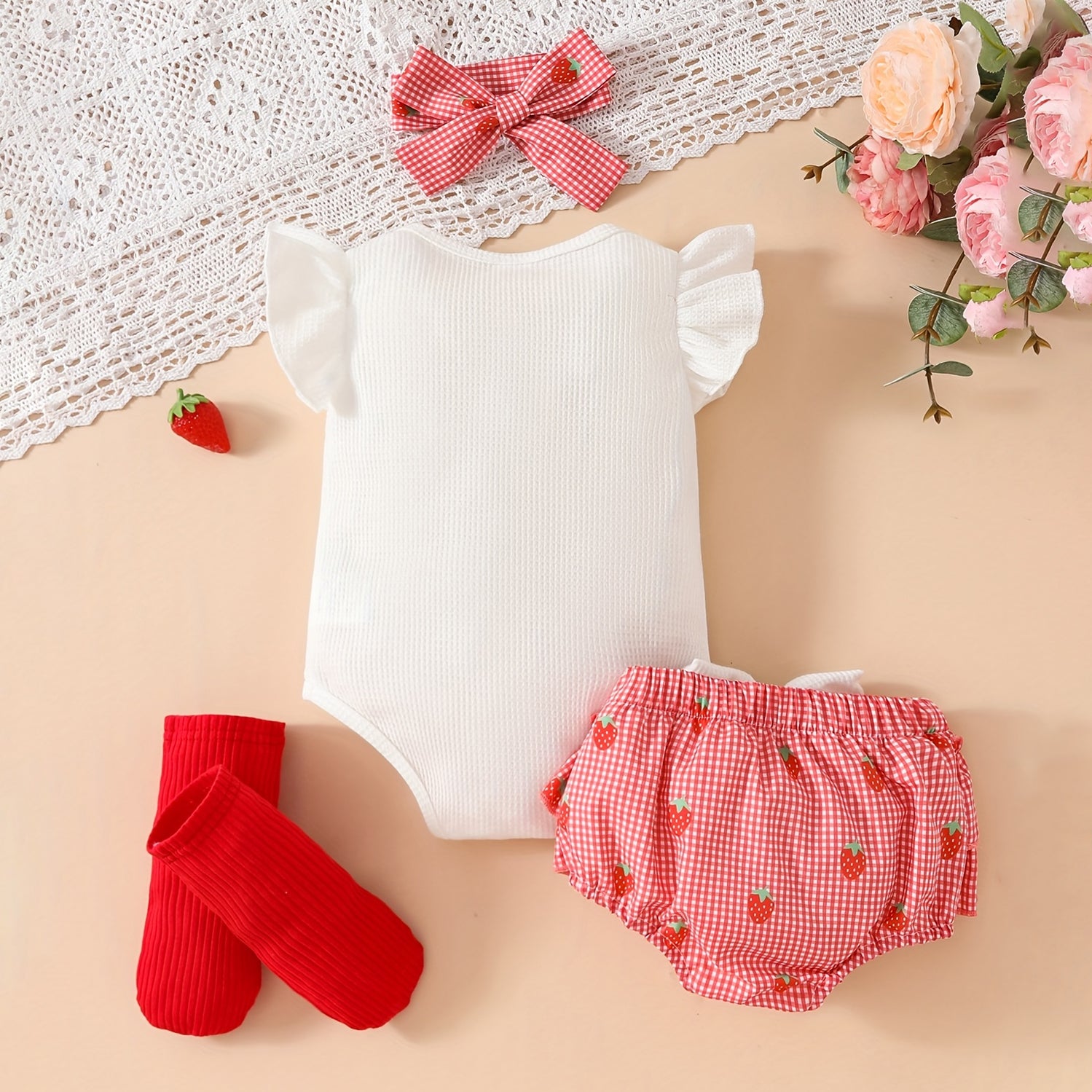 4PCS Strawberry Plaid Print Flutter Sleeve Baby Set