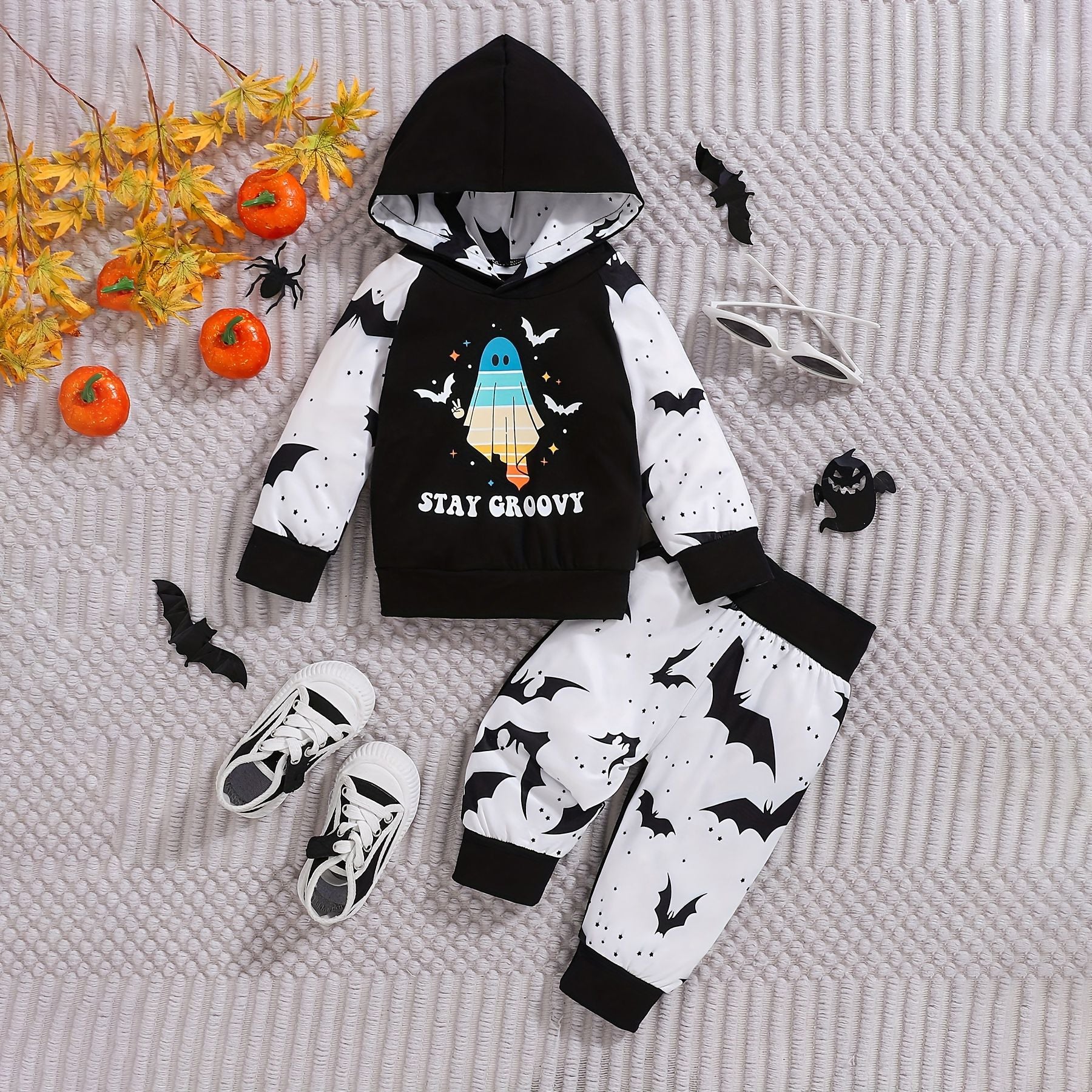 2PCS Halloween Stay Groovy Letter Printed Hooded Long Sleeve Baby Set