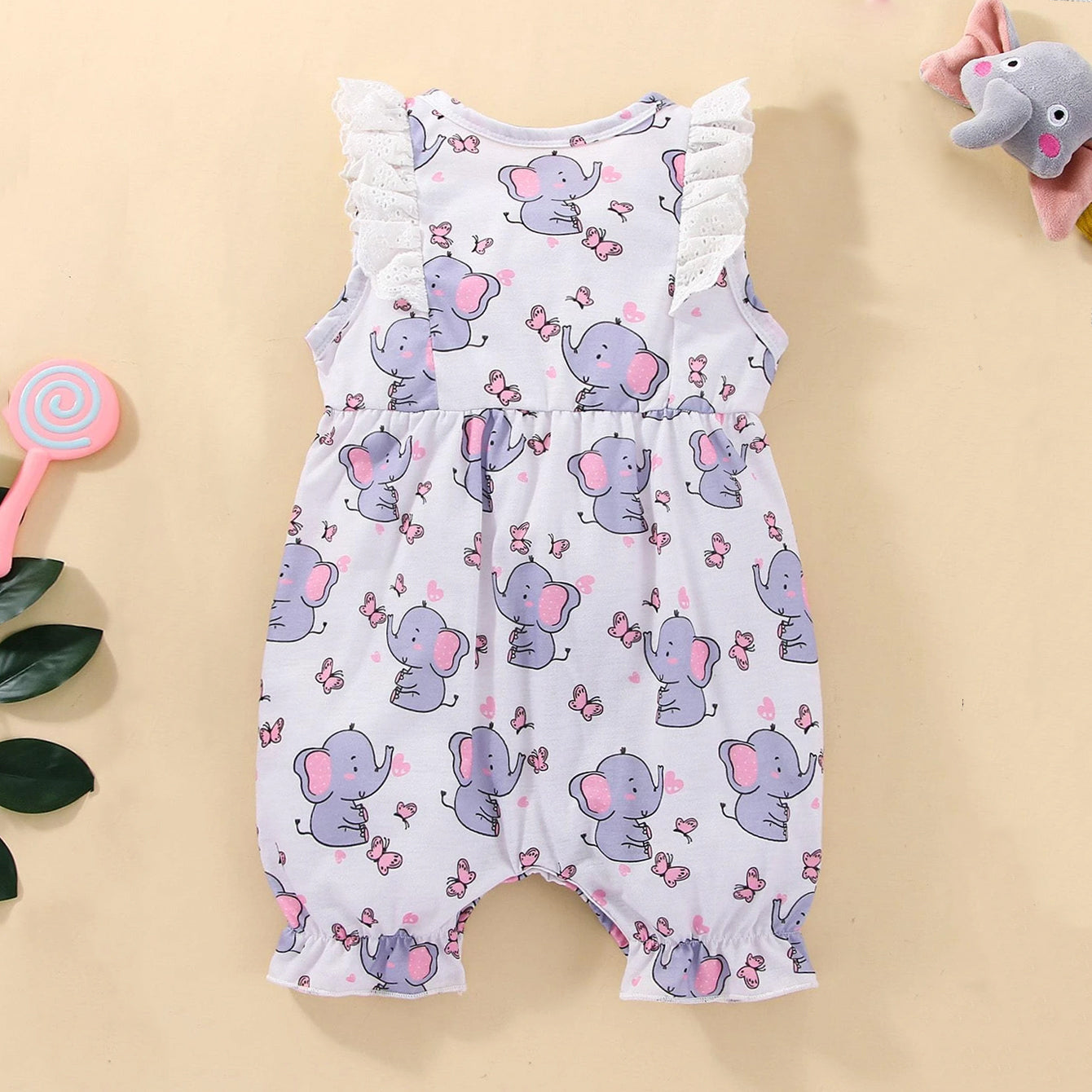 Lovely Elephant Printed Ruffle Bow Decorate Baby Jumpsuit