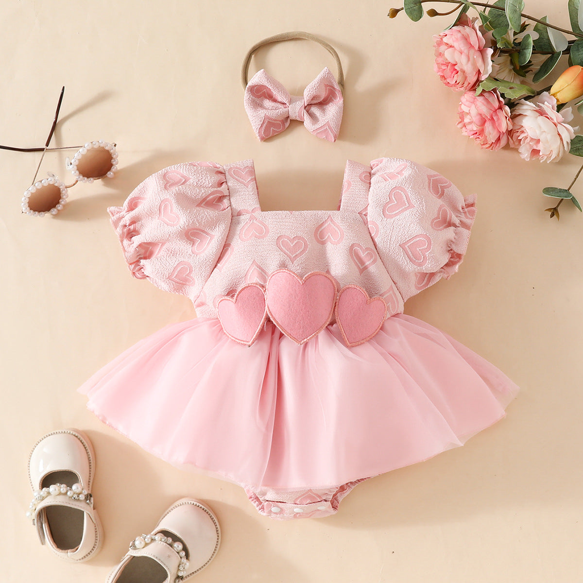 2PCS Pretty Heart Printed Embroidery Baby Romper