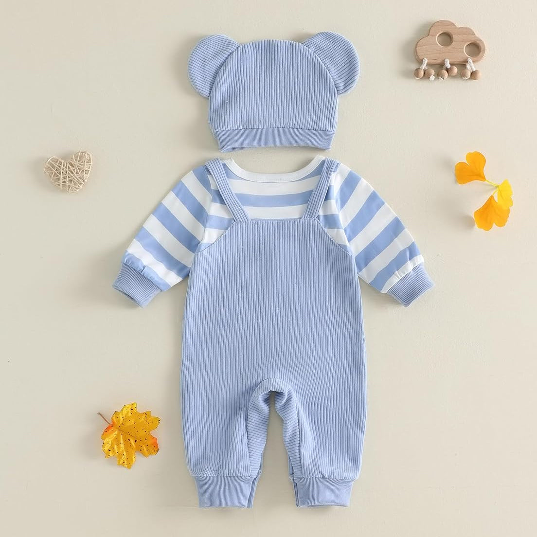 2PCS Cute Elephant Print Striped Long Sleeve Baby Jumpsuit