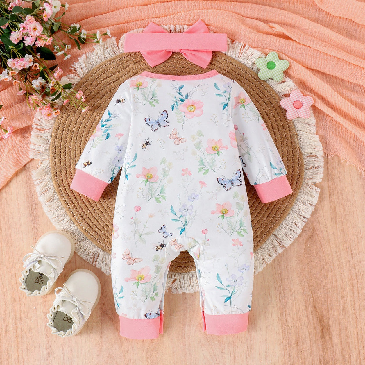2PCS Butterfly Floral Printed Bow Long Sleeve Baby Jumpsuit