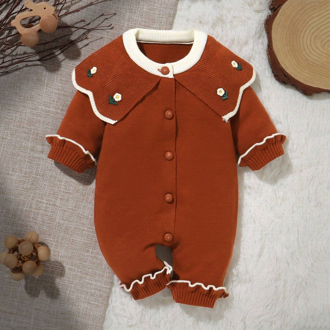 Lovely Solid Color Floral Embroidery Knit Long Sleeve Baby Jumpsuit