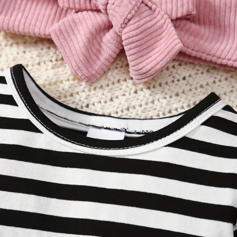 3PCS Cute Stripe Printed Cow Embroidery Corduroy Suspender Skirt Baby Set