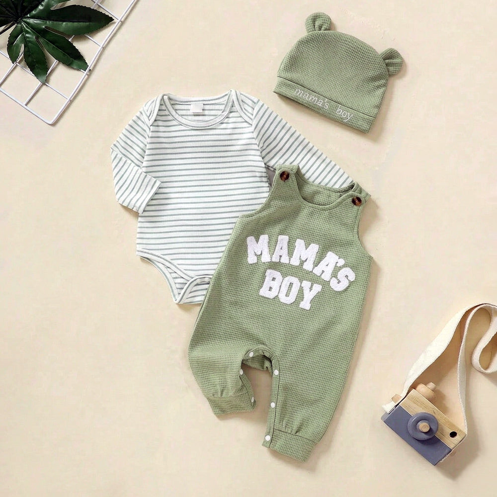 3PCS Mama's Boy Letter Applique Striped Long Sleeve Overalls Baby Set