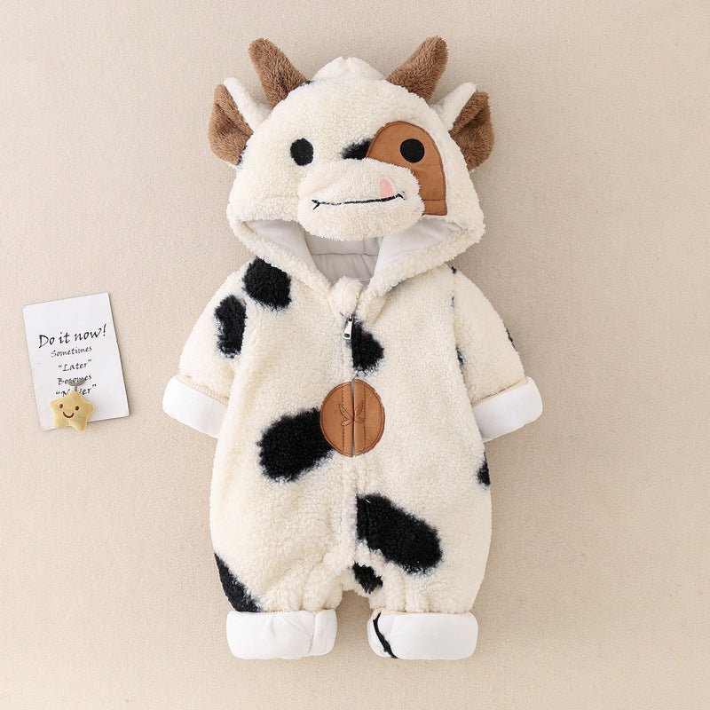 Cute 3D Cow Ears Design and Cow Printed Hooded Zipper Baby Jumpsuit