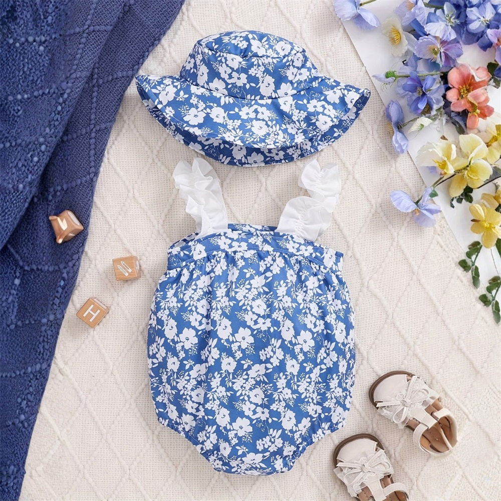 2PCS Cute Floral Printed Frill Suspender Baby Romper
