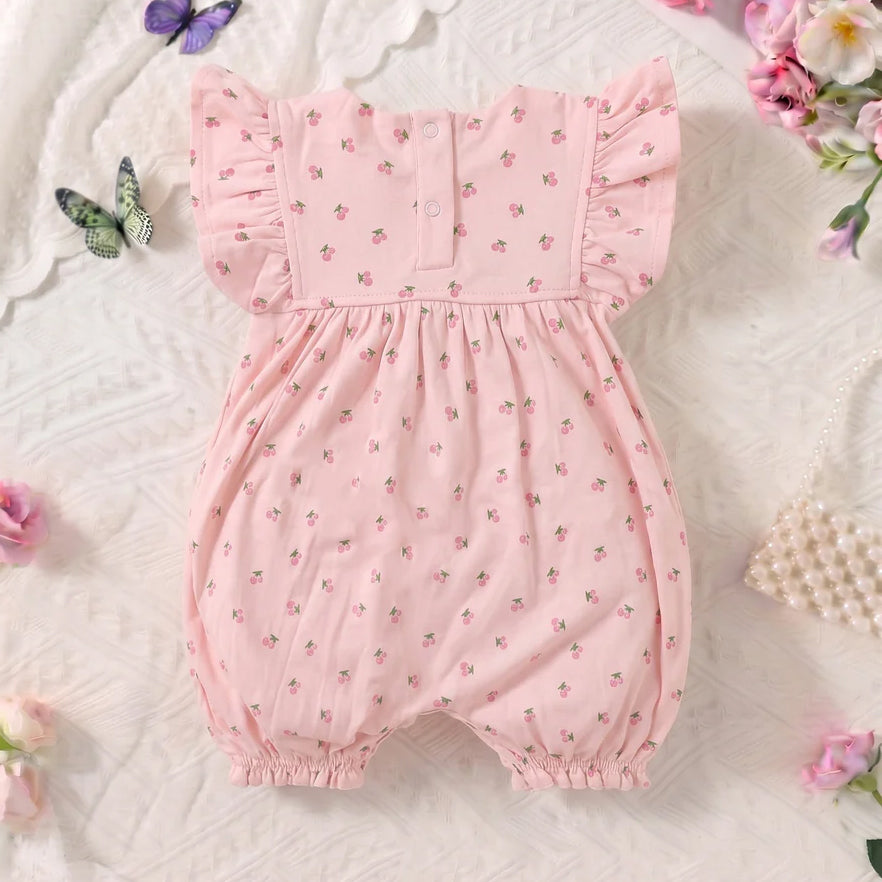 Elegant Cherry Print Flutter Sleeve Baby Jumpsuit