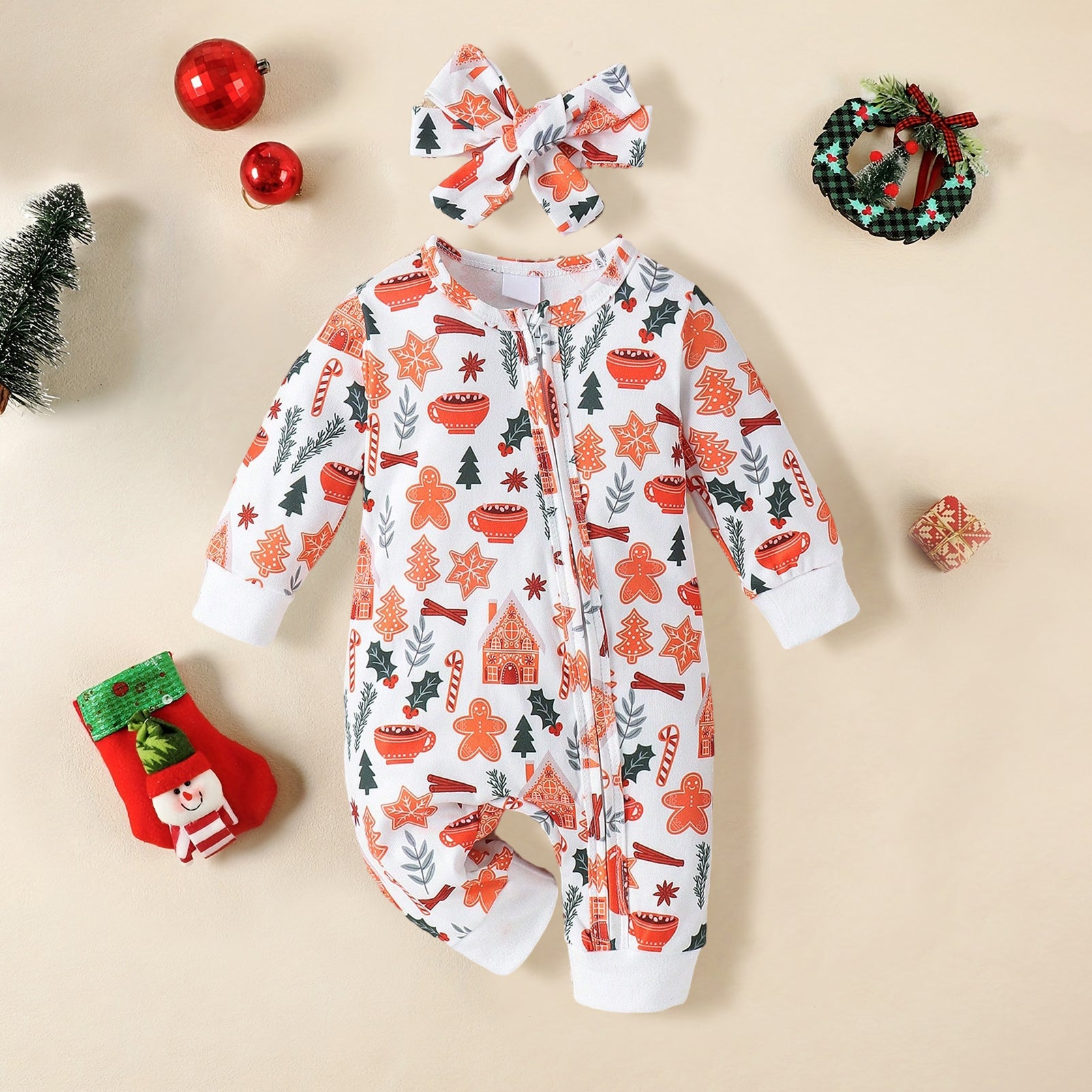 2PCS Christmas Printed Long Sleeve Zipper Baby Jumpsuit