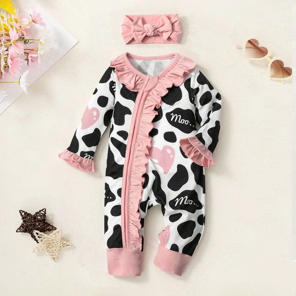2PCS Cute Cow Print Long Sleeve Ruffle Zipper Baby Girl Jumpsuit