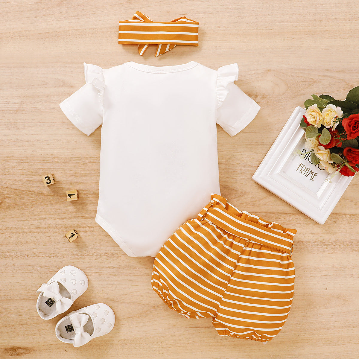 3PCS Letter And Stripe Printed Short Sleeve Baby Set