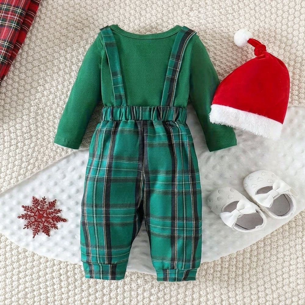 3PCS Cute My 1st Christmas Letter Tractor Plaid Print Baby Overalls Set