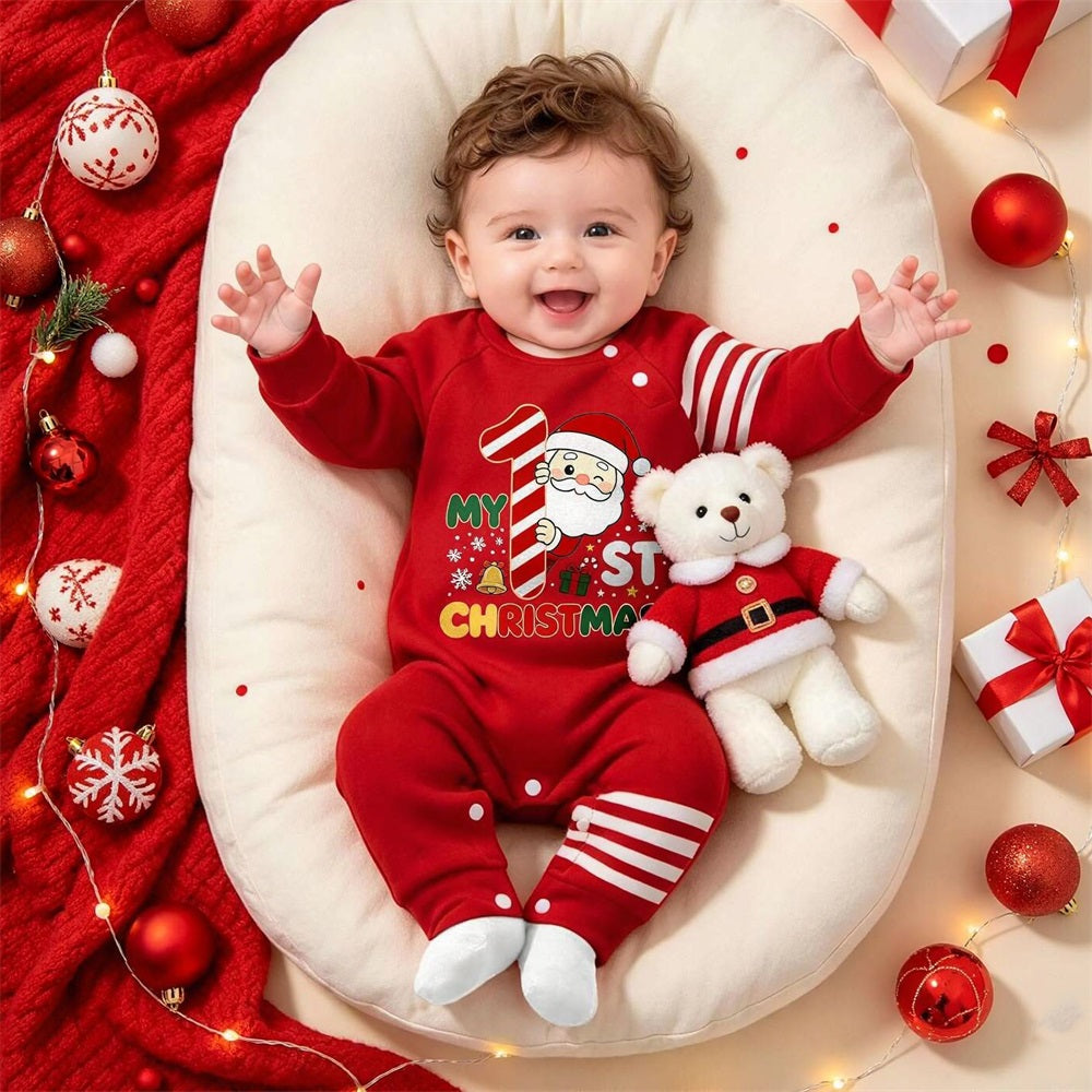 My 1st Christmas Letter Santa Print Long Sleeve Baby Jumpsuit