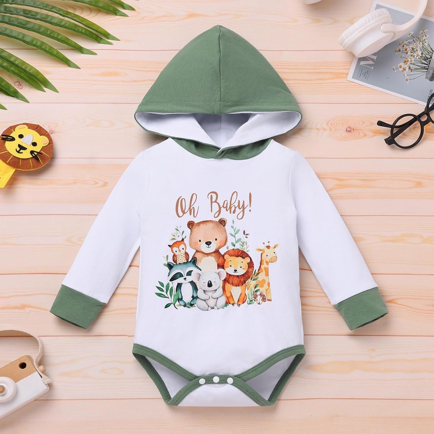2PCS Oh Baby Letter Animal Printed Hoodie Baby Set