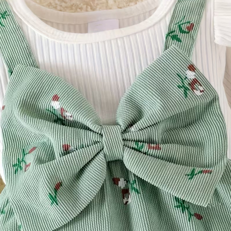 2PCS Cheerful Floral Print Bow Long Sleeve Baby Girl Jumpsuit