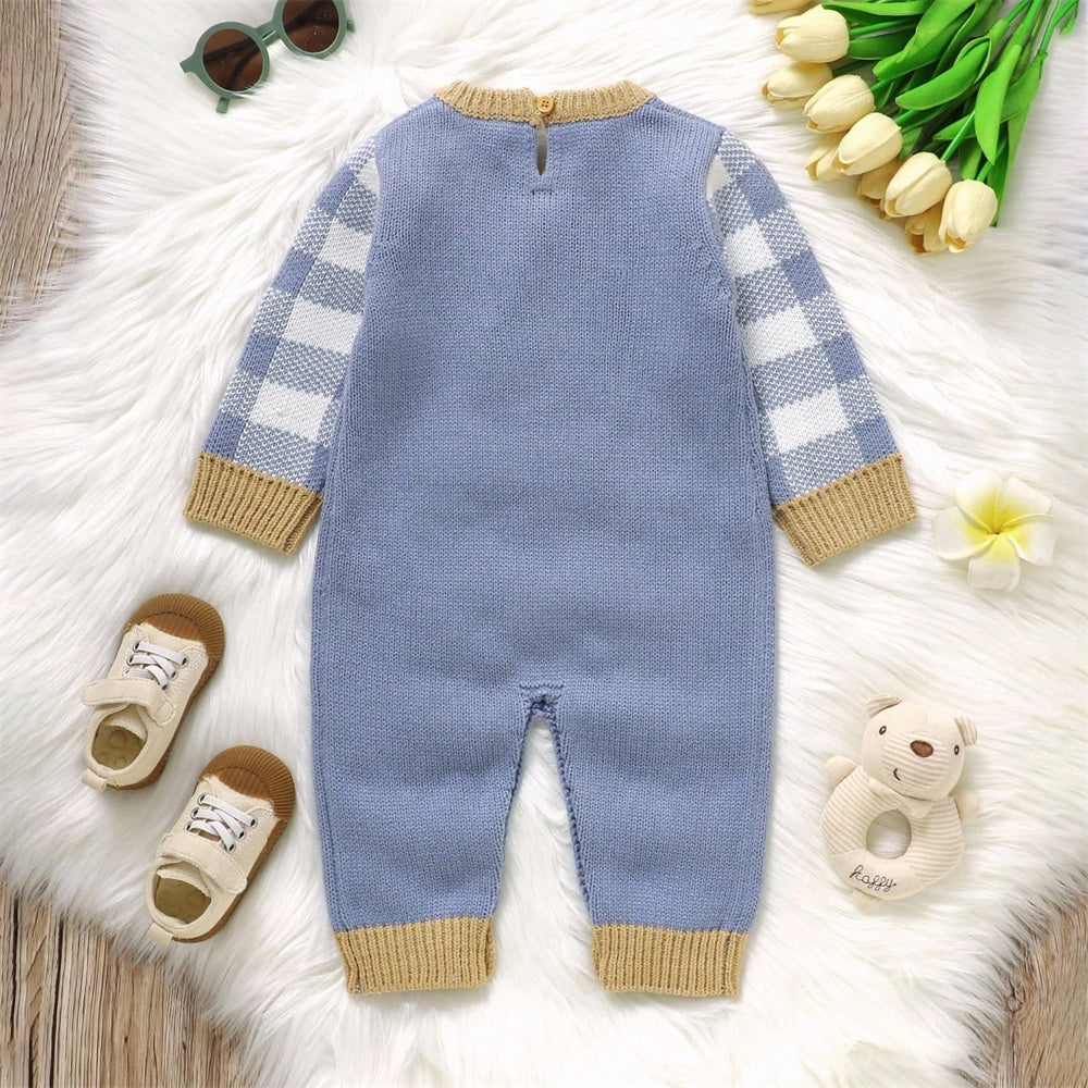 Knit Bear Plaid Printed Long Sleeve Baby Jumpsuit