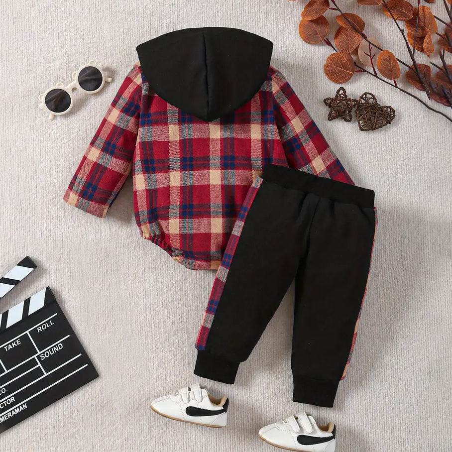 2PCS Mamas Boy Letter Plaid Printed Hoodie Baby Set