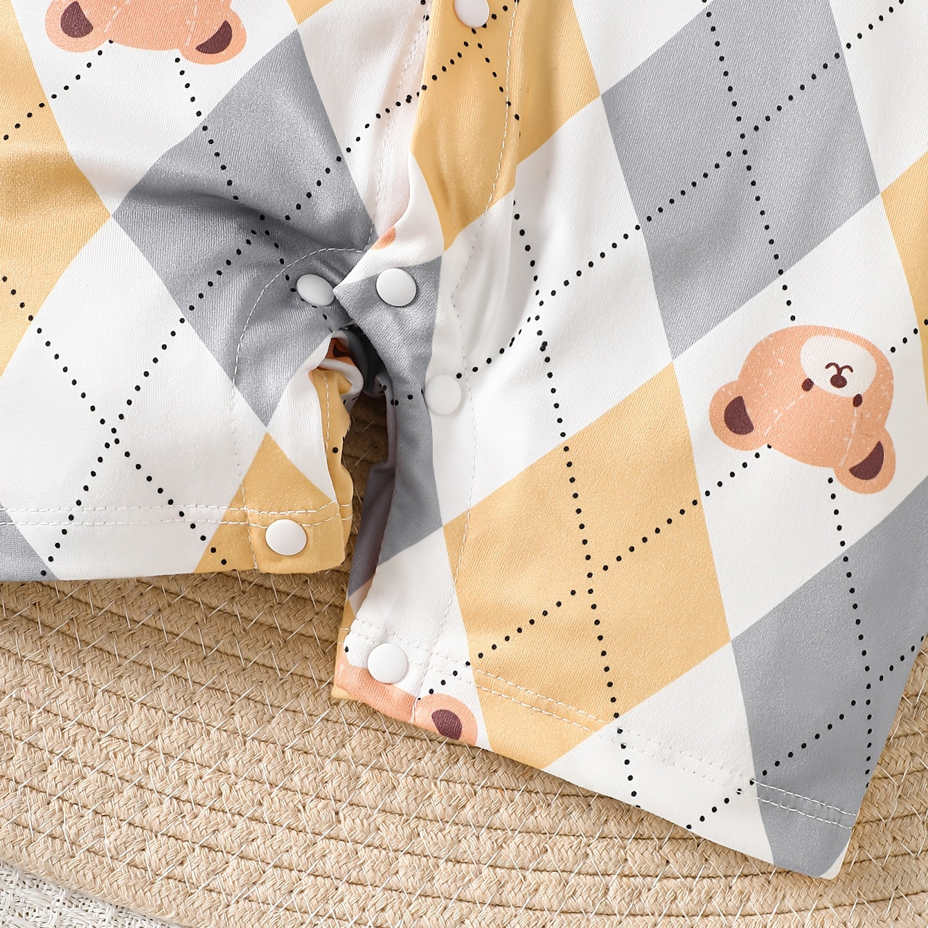 Bear Argyle Printed Short Sleeve Baby Jumpsuit