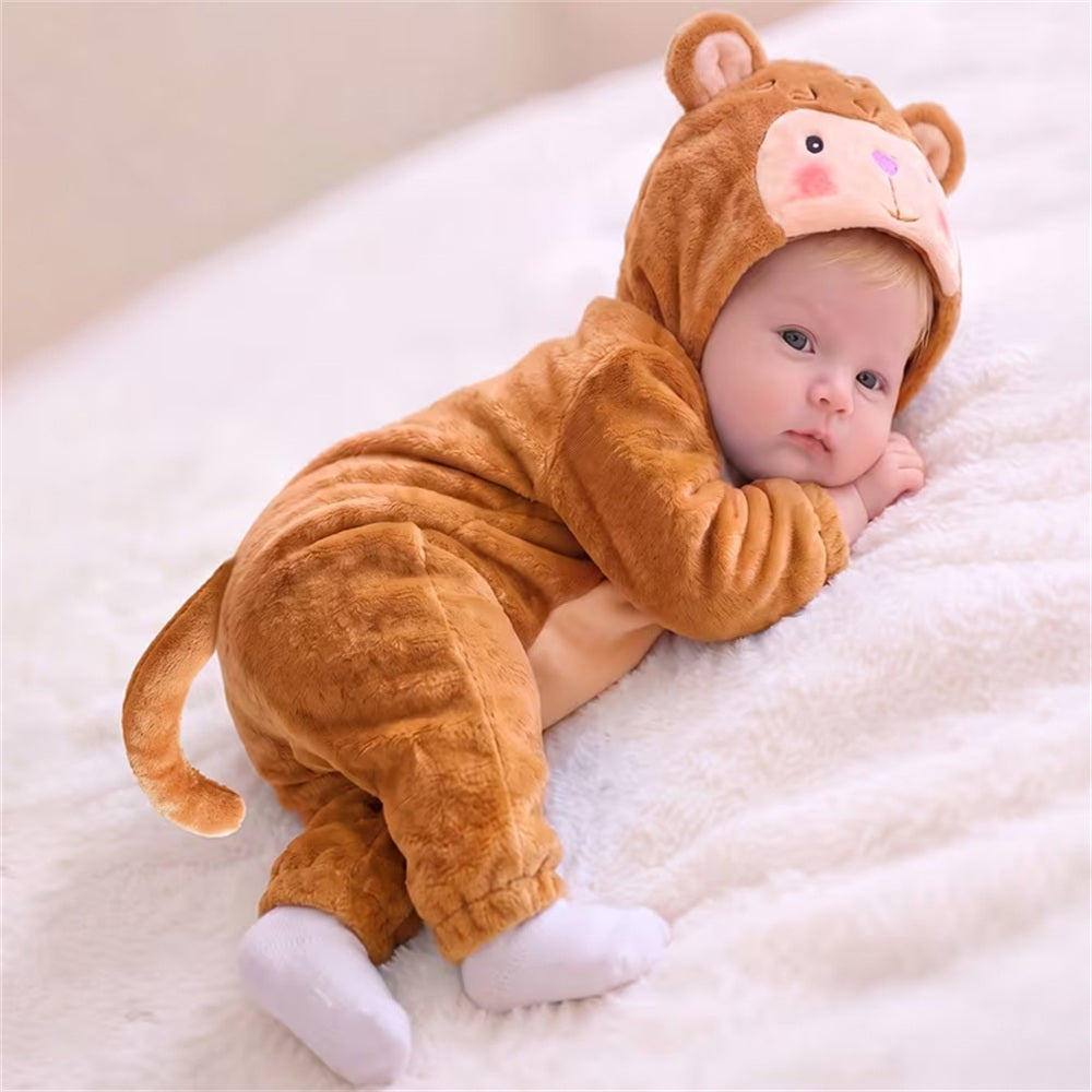 Fuzzy 3D Monkey Printed Zipper Long Sleeve Baby Hoodie Jumpsuit
