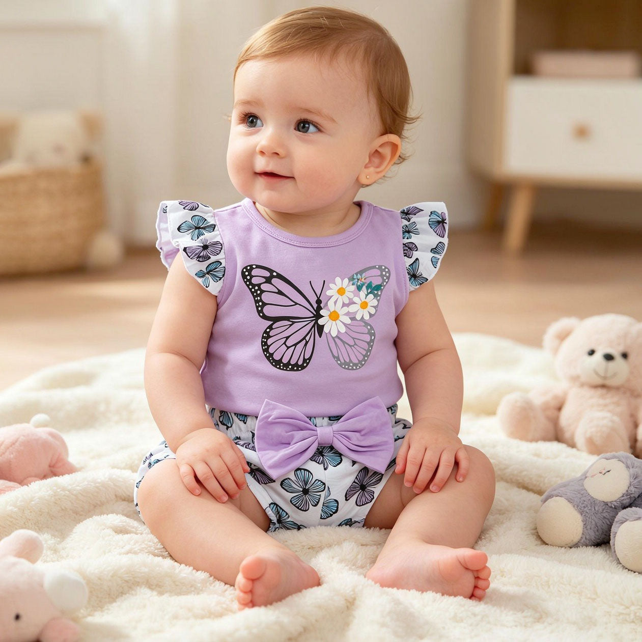 3PCS Elegant Butterfly Printed Flutter Sleeve Baby Set