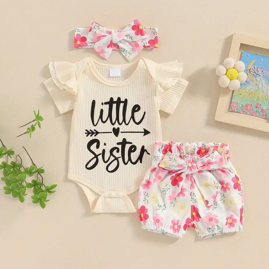 3PCS Little Sister Letter Floral Printed Baby Set