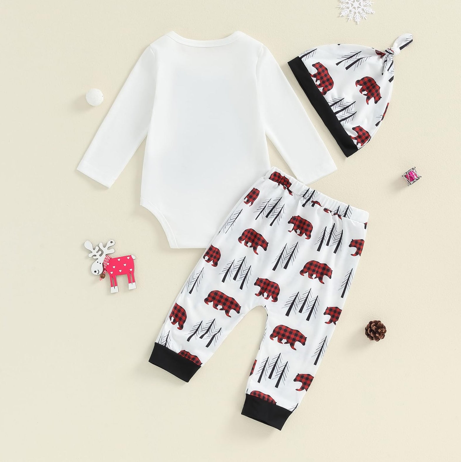 3PCS Merry Christmas Bear Printed Long Sleeve Baby Set