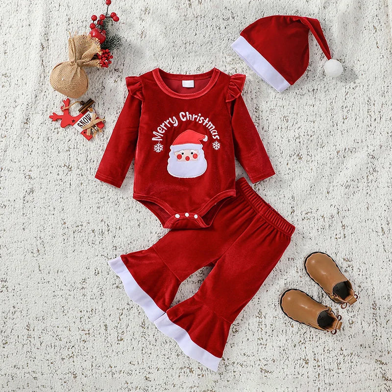 3PCS Merry Christmas Letter and Santa Claus Printed Long Sleeve Baby Set