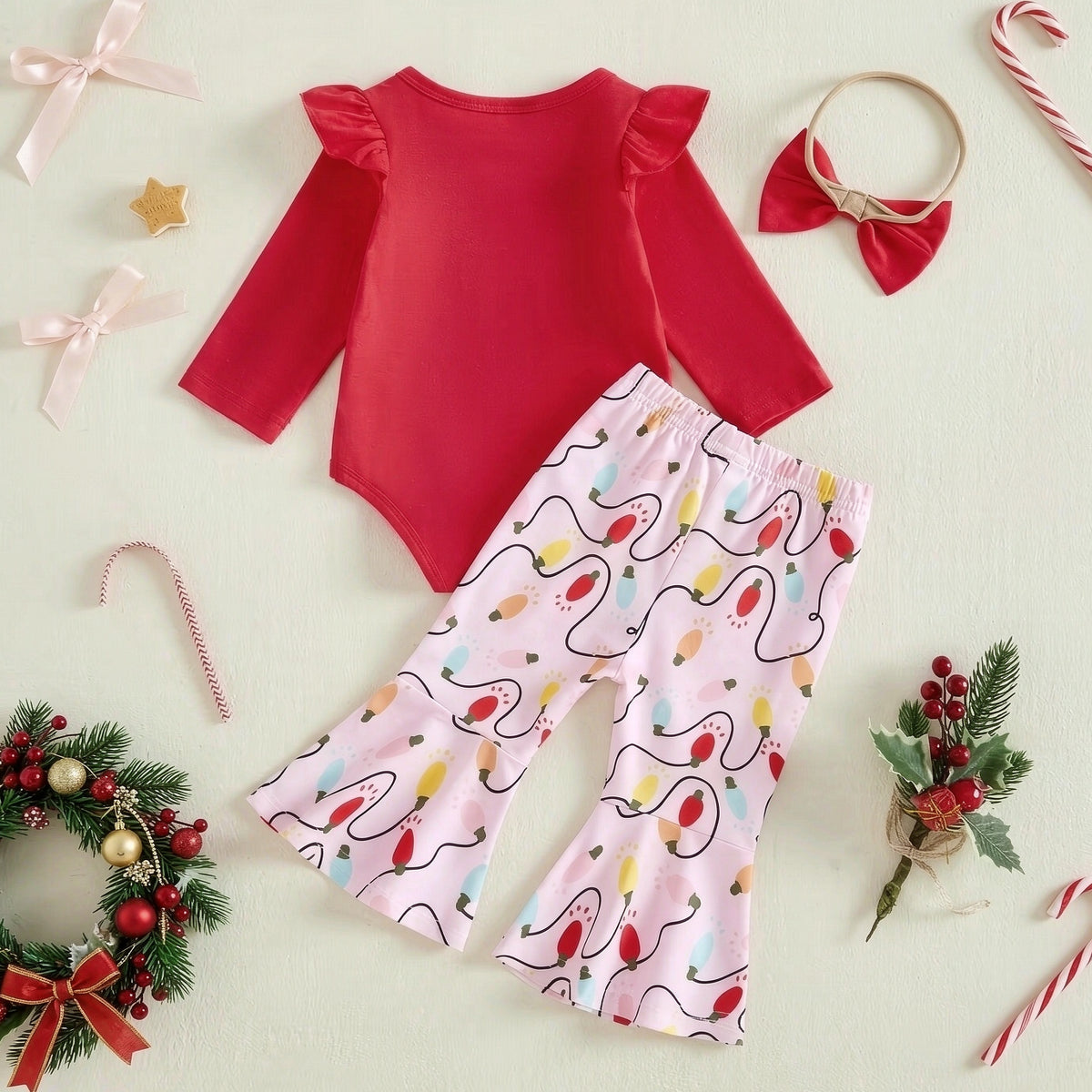 3PCS My First Christmas Letter Holiday Lights Print Long Sleeve Baby Set