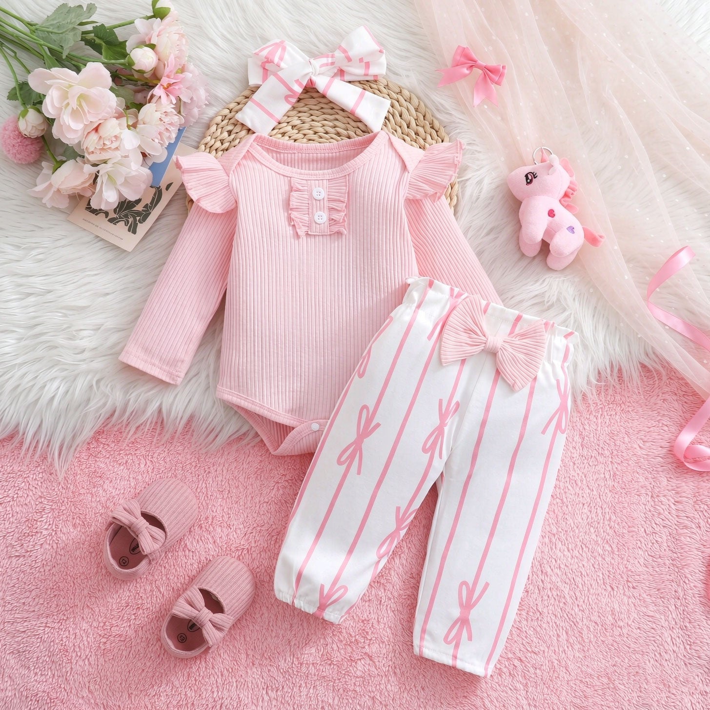 3PCS Bubbly Bow Stripe Print Long Sleeve Baby Set