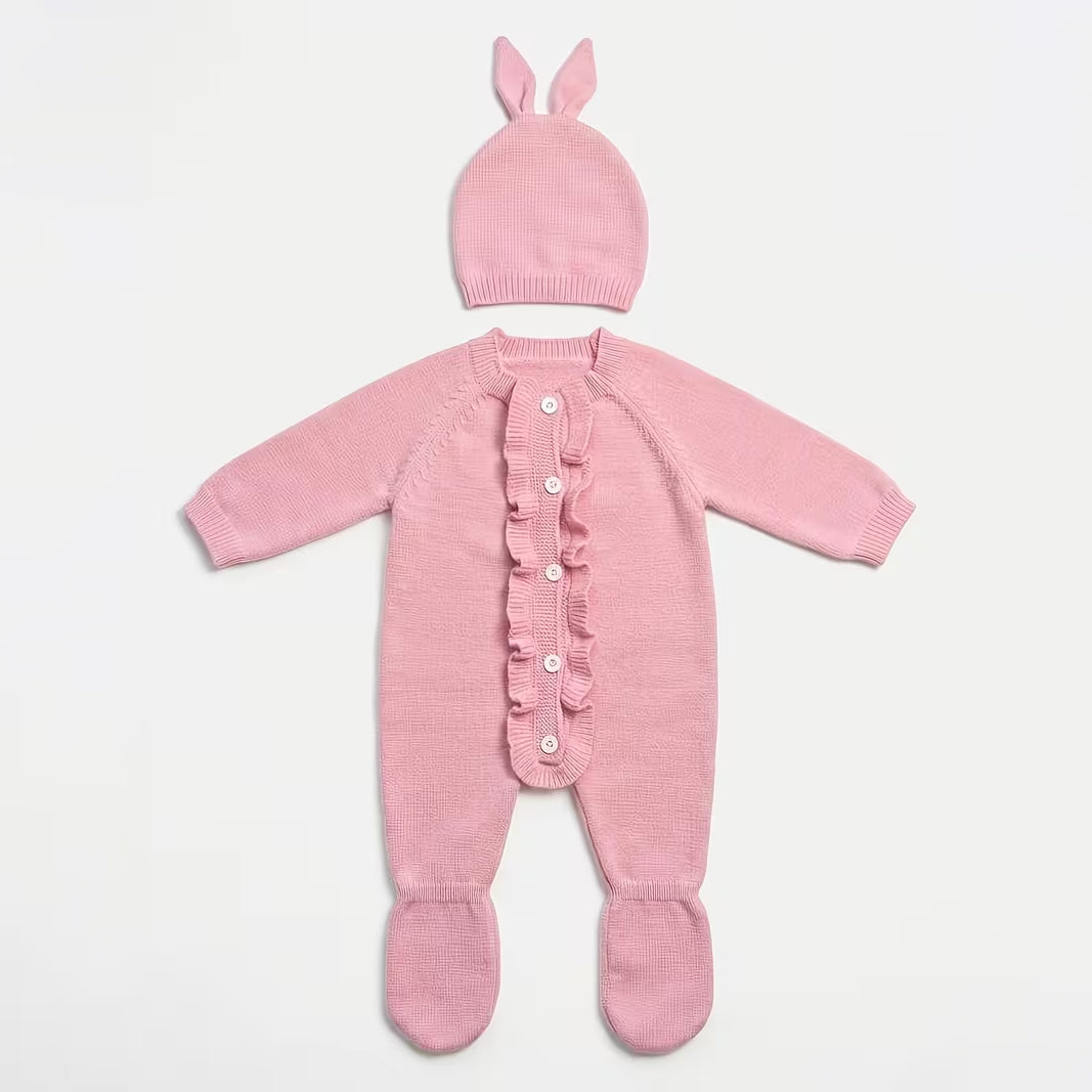2PCS Cozy Solid Color Ruffle Long Sleeve Knit Baby Girl Jumpsuit