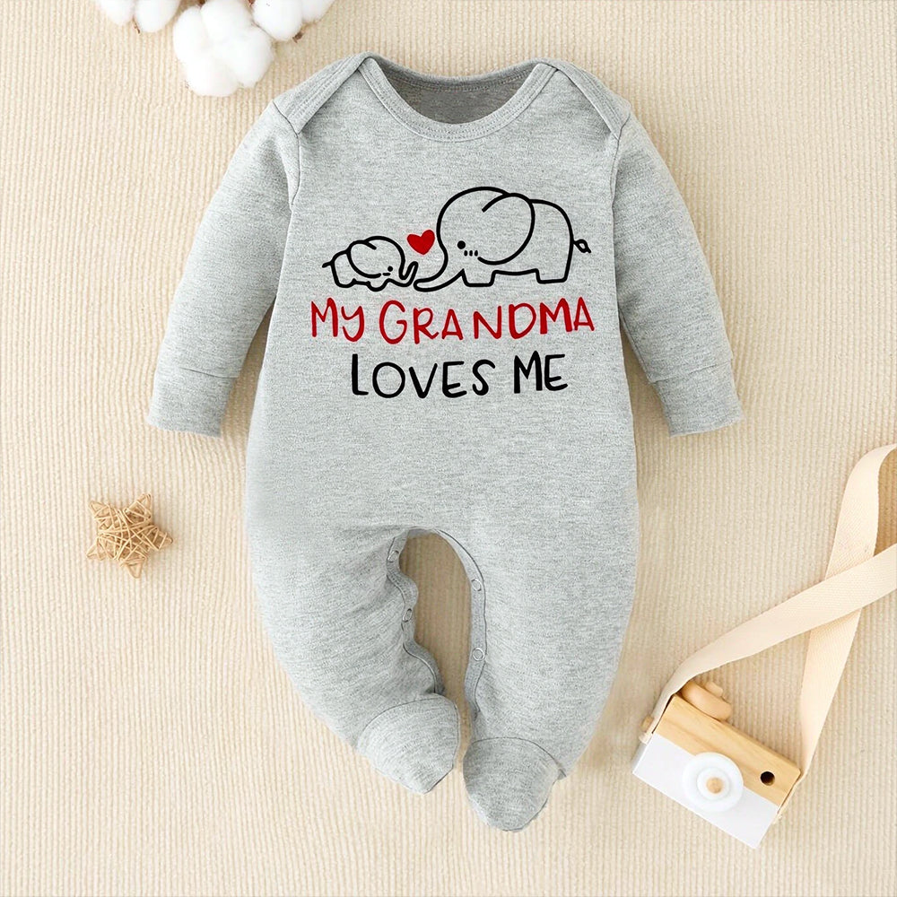 Casual My Grandma Loves Me Letter Elephant Print Baby Jumpsuit