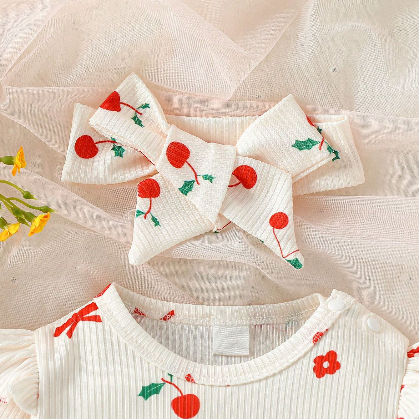 2PCS Cherry Print Long Sleeve Baby Girl Jumpsuit