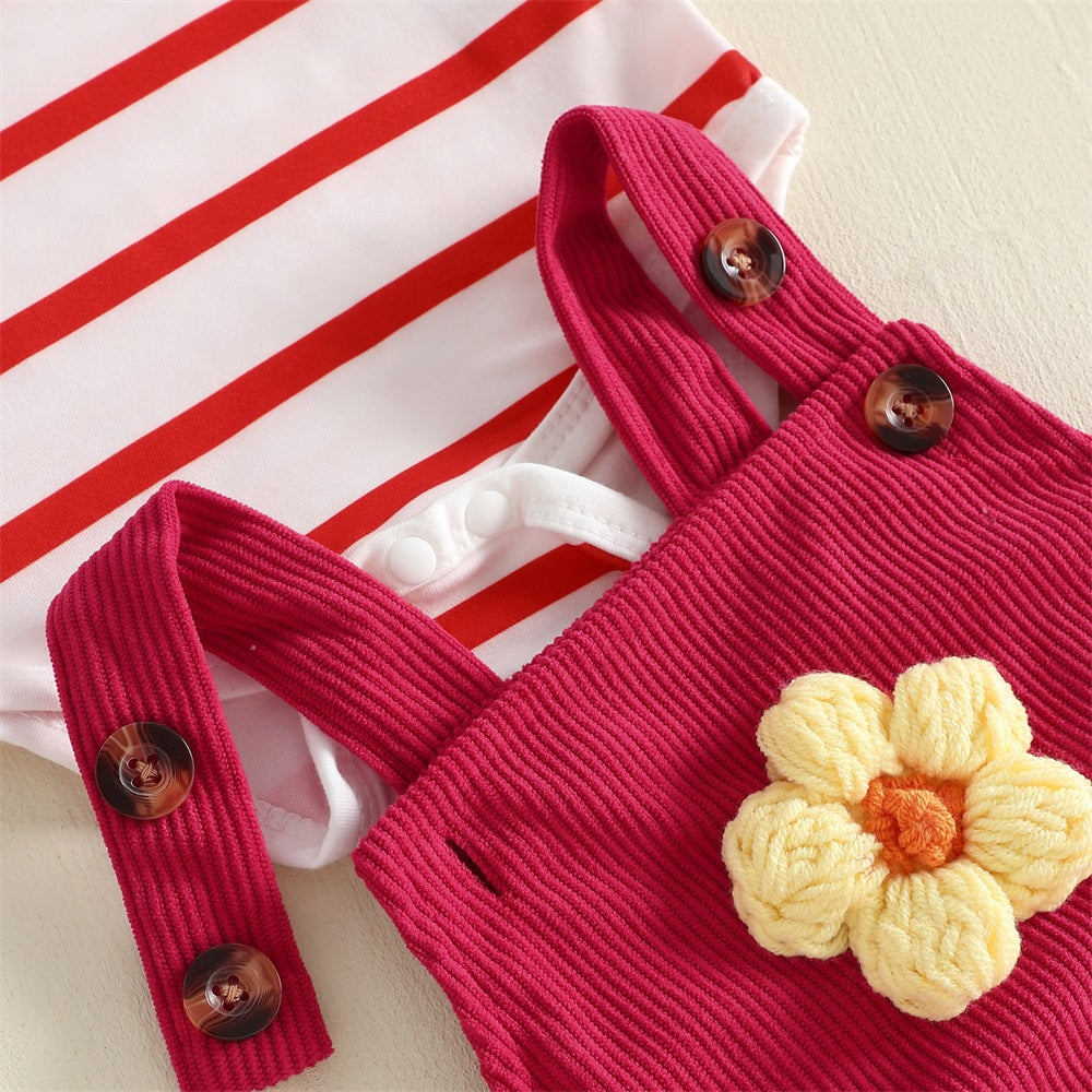 3PCS 3D Floral Embroidery Striped Short Sleeve Baby Overalls Set