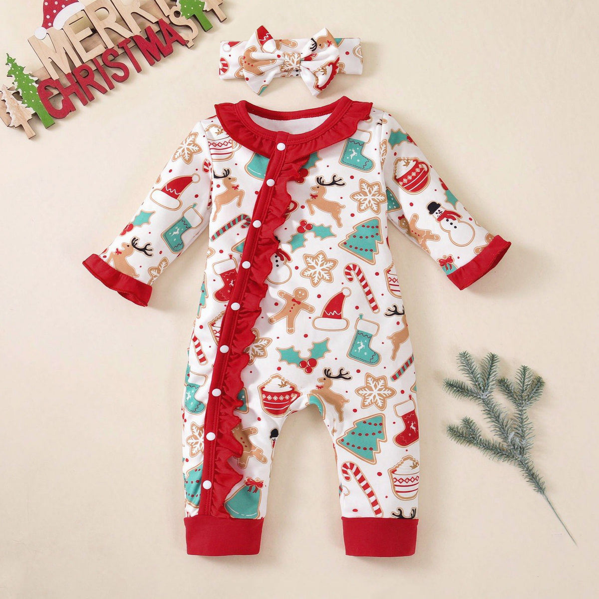 2PCS Cute Christmas Tree Gingerbread Print Baby Girl Jumpsuit
