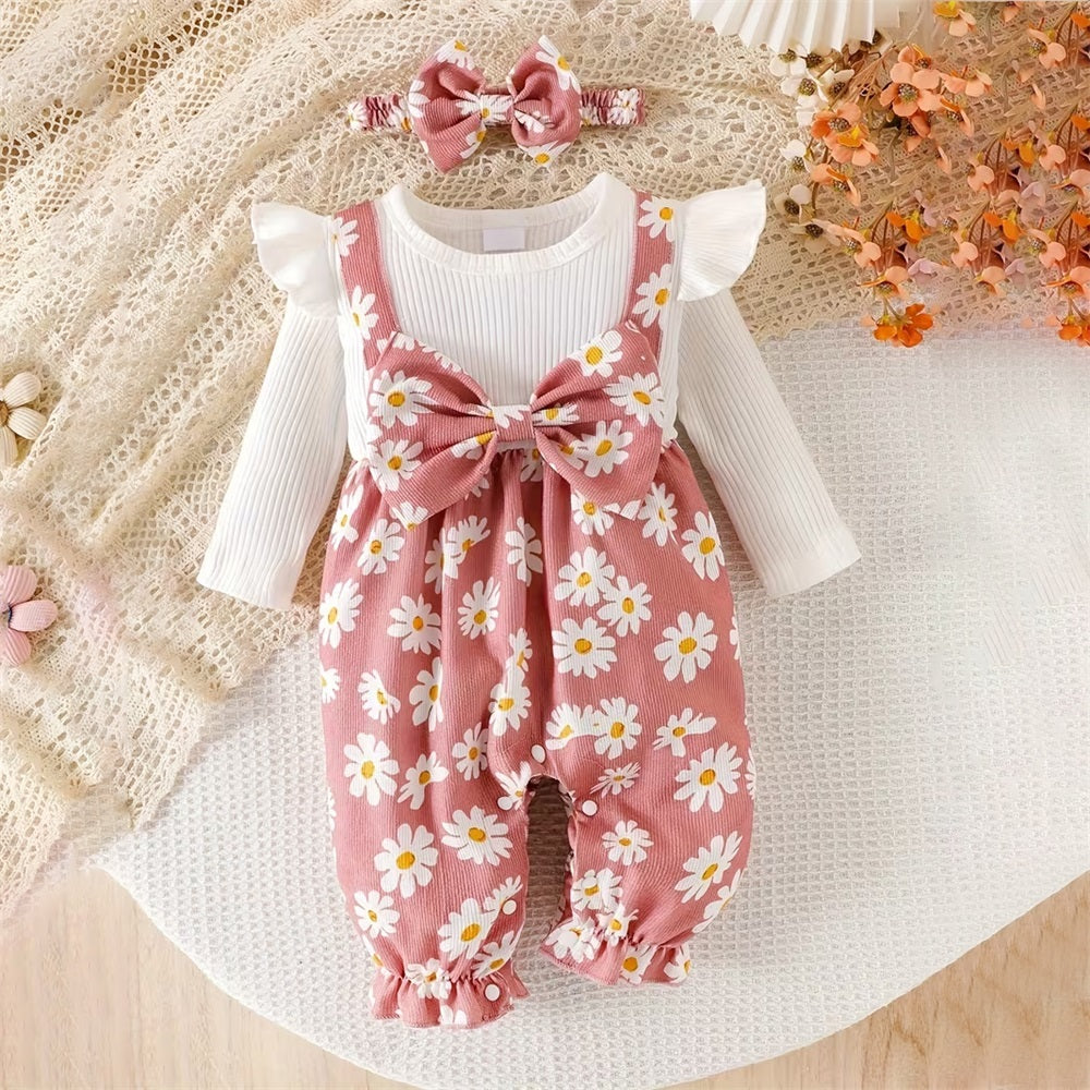 2PCS Cute Floral Print Bow Decor Long Sleeve Baby Jumpsuit