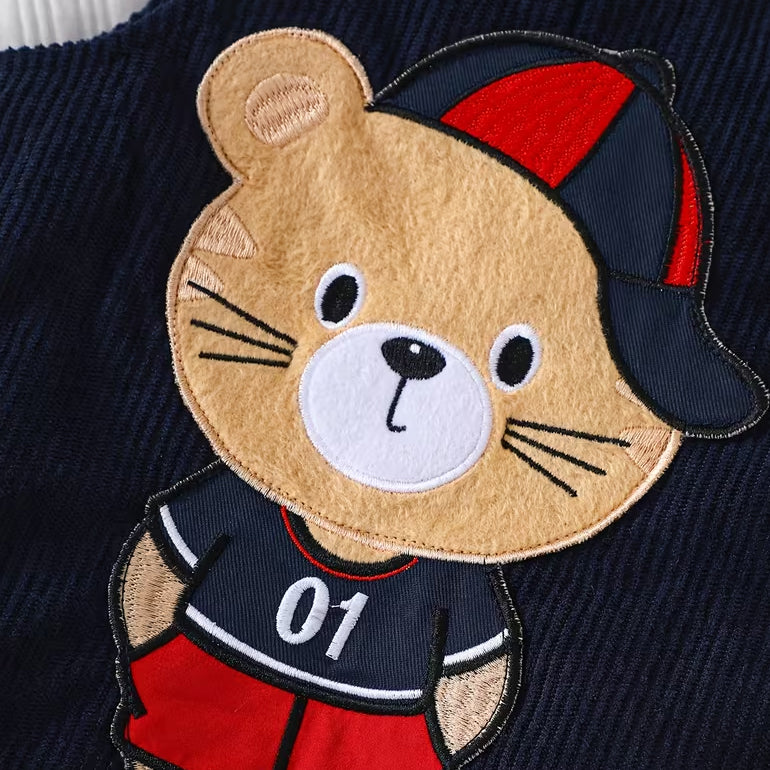 2PCS Cozy Bear Applique Long Sleeve Corduroy Baby Boy Overalls Set