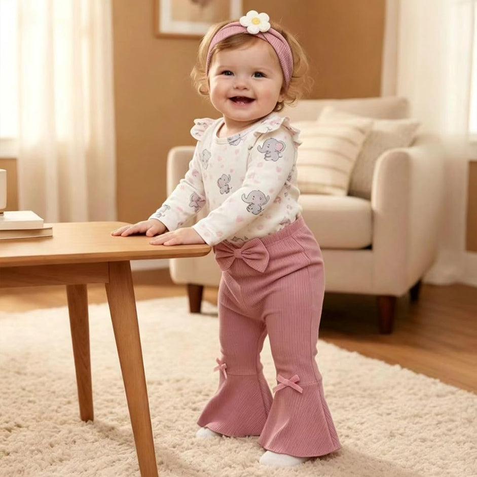 3PCS Sweet Elephant and Floral Print Long Sleeve Baby Girl Set