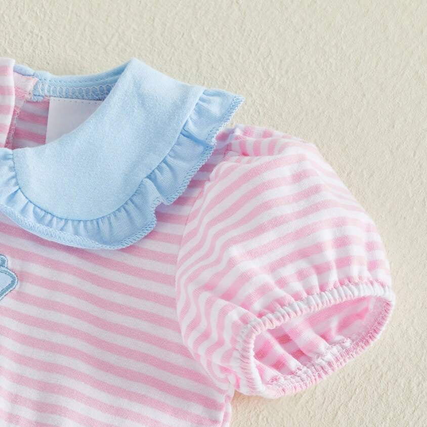 Grace Bow Embroidery Stripe Print Short Sleeve Baby Romper
