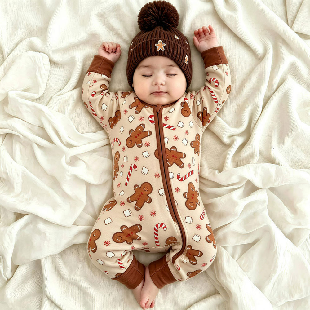 Gingerbread Man and Candy Cane Print Long Sleeve Zipper Baby Jumpsuit