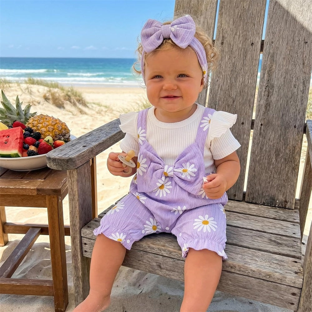 2PCS Casual Daisy Printed Bow Short Sleeve Baby Jumpsuit