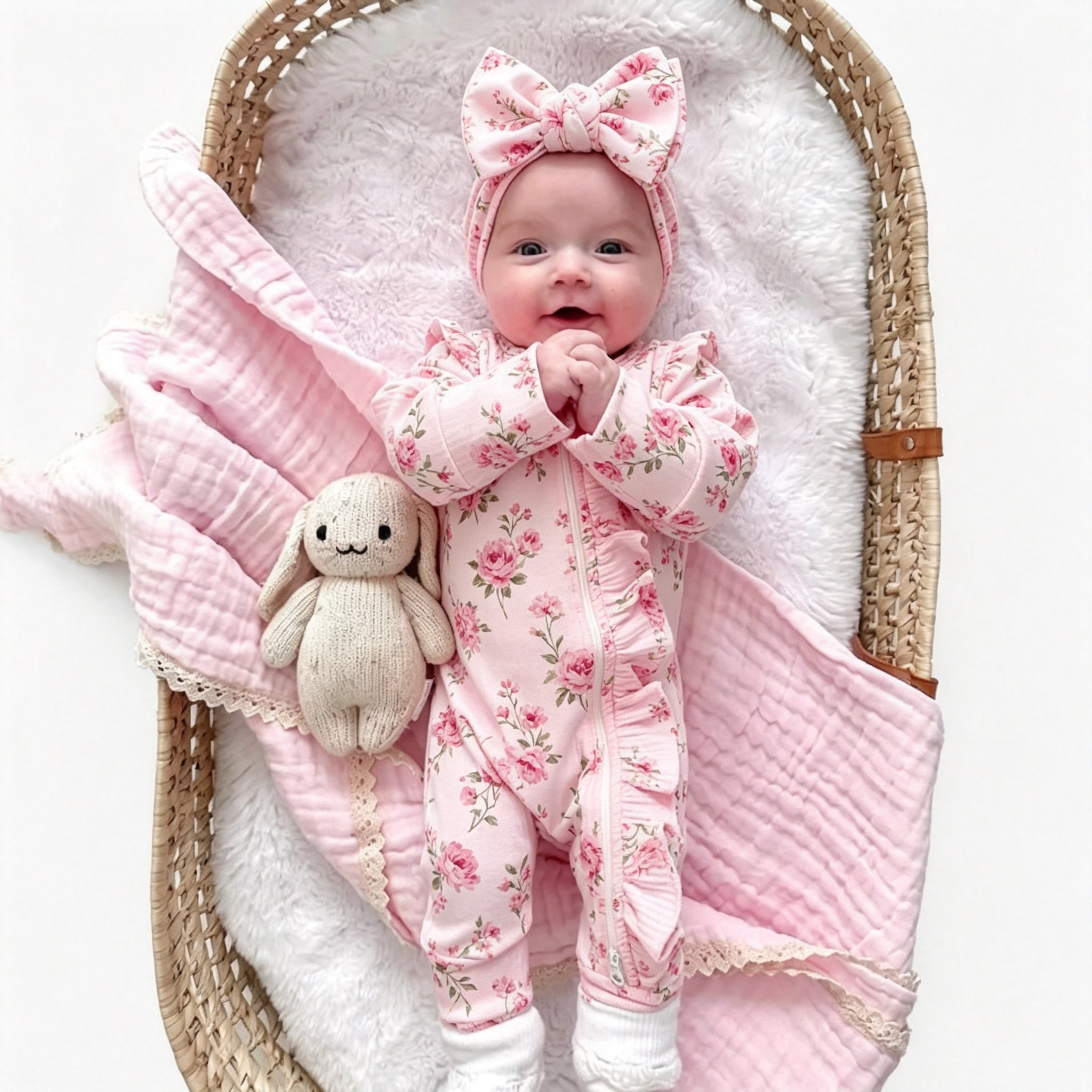 2PCS Grace Floral Print Ruffle Zipper Long Sleeve Baby Girl Jumpsuit
